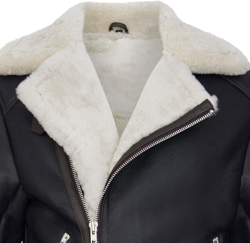 Men’s Retro RAF B3 Pilot Real Sheepskin Shearling Biker Leather Jacket