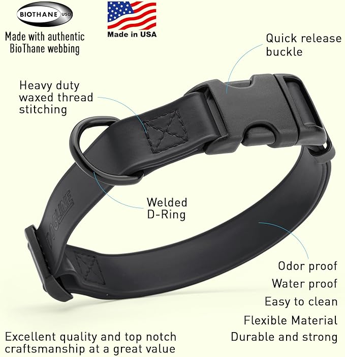Dogline Biothane Waterproof Dog Collar with Quick Release Buckle Strong Coated Nylon Webbing with Odor- Proof for Easy Care Easy to Clean Fits Small Medium Large Dogs, Black 5/8" W 9-14" L