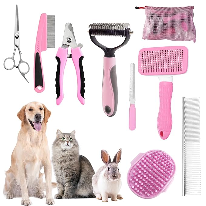 Dog Brush for Shedding,9 PCS in One Pet Slicker Hair Brush Kit with Pet Nail Clipper and File - Dog Cat Grooming Deshedding Undercoat Rake Brush Comb for All Small Large Dogs Cats Pink