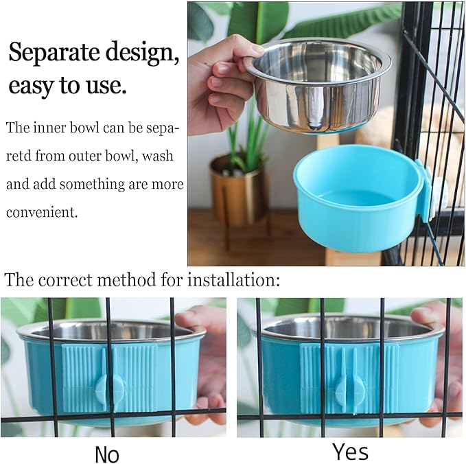 kathson Crate Dog Bowl, Removable Stainless Steel Hanging Pet Cage Bowl Food & Water Feeder Coop Cup for Cat, Puppy, Birds, Rats, Guinea Pigs 6pcs Large(2×Blue,2×Green,2×Pink)