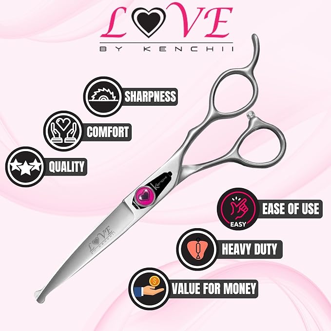 Kenchii Love Dog Grooming Scissors, 6.5 Inch Curved Balltip Shears, Dog Scissors for Grooming, Professional Pet Grooming Scissors, Safety Round Tip Shears