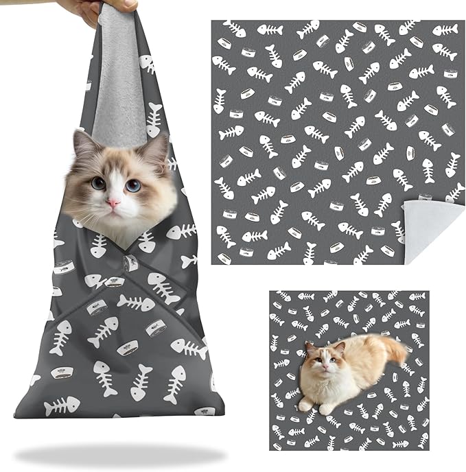 27.6" Cat Grooming Wrap, Self Adhesive Cat Wrap for Cutting Nails, Anti-Escape Calming Cat Swaddle Wrap for Medicine Ear Cleaning, Anti-Scratch Cats Burrito Restraint Blanket, Practical Pet Tool Grey