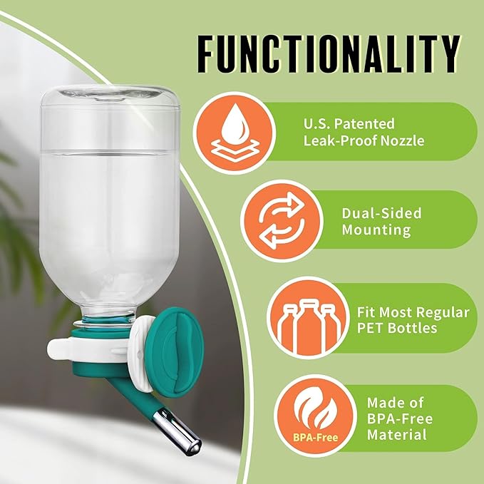 Choco Nose Patented Mini No-Drip Water Bottle/Feeder for Hamsters/Hedgehogs/Gliders/Rats/Mice/Other Small Pets and Animals - for Cages, Crates or Wall Mount. 10.2oz. Nozzle 10mm, Green (C125)
