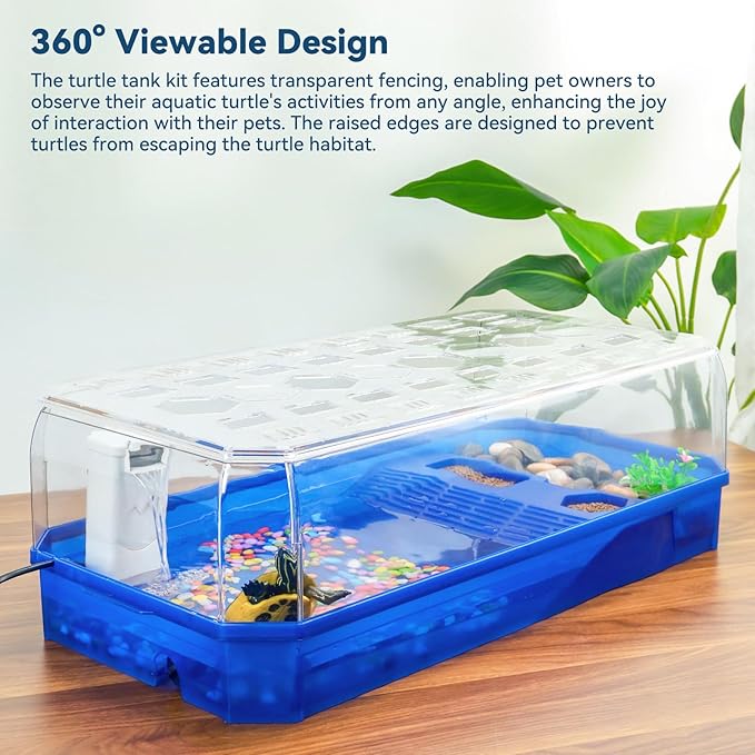 Aquatic Turtle Tank Habitat Kit Stone+Filter+Heat Lamp Enhancing Interaction with 360° Viewing, Standalone Filtration, DIY Creative Zone, Enriched Living (Blue, L[Without Light])