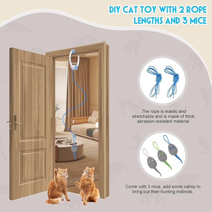 Cat Toy Interactive for Indoor Cats, Smart USB Rechargeable Door Hanging Automatic Retractable Kitten Toys, Teaser Electronic Self Play Feather Cat String Toy Attached with 3 Catnip Mice White
