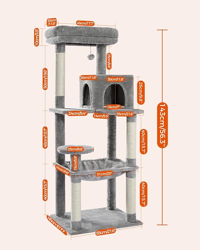 PETEPELA 56.3'' Tall Cat Tree for Indoor Cats, Multi-Level Cat Tower with Super Large Hammock (20''X16''), Sisal Covered Scratching Posts, Cozy Condo and Top Perch Grey