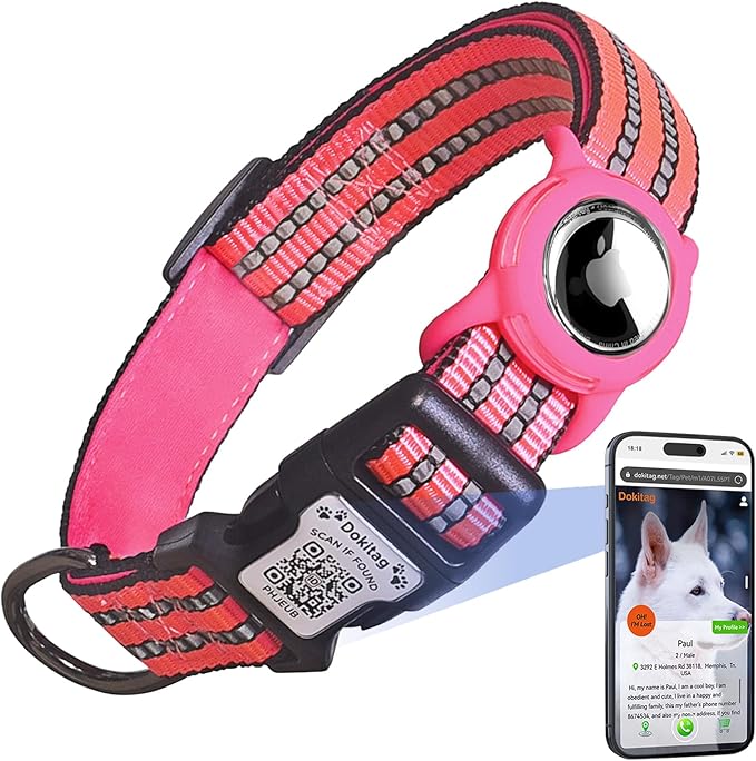 Reflective Dog Collar with Apple AirTag Holder & QR Code Pet ID Tag,Soft Nylon Adjustable Dog Tracker Collar with Safety Lock for Small Dogs (Rose Red, S)