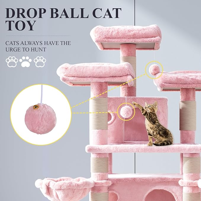 Allewie 68 Inches Cat Tree/House and Towers for Big Feline/Scratching Post/Multi-Level Large Kitty Climbing Tree with Condo/Pink