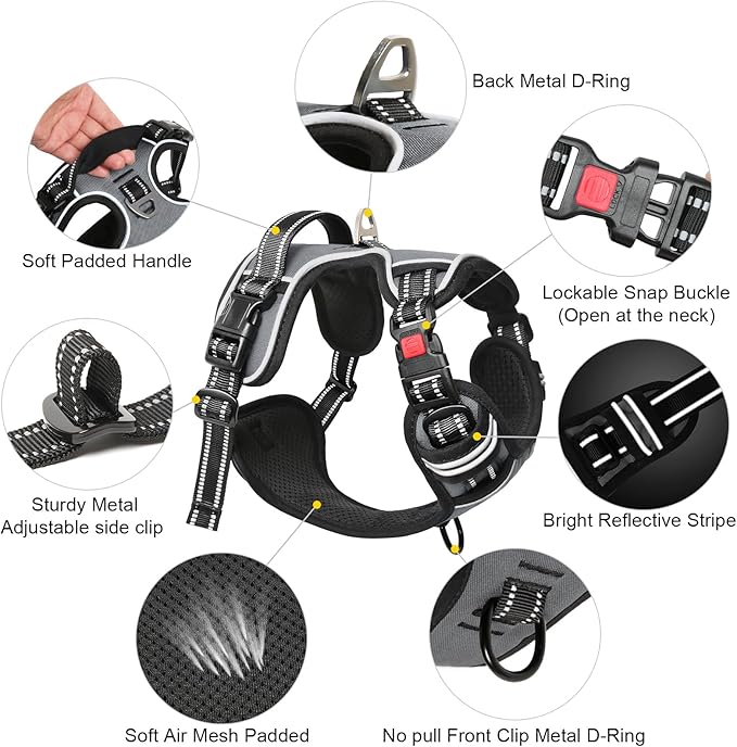 Timos Dog Harness Large Sized, No Pull with Neck Lockable Snap,No Choke Front Clip Dog Reflective Harness,Adjustable Metal Rings 3 Buckles,Easy Control Handle for Large Dogs Gray XL