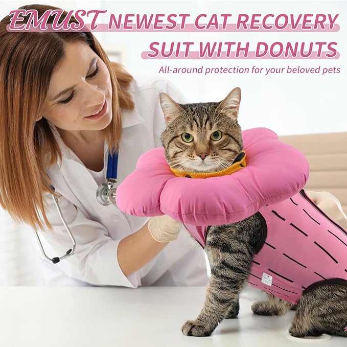 EMUST Cute Cat Recovery Suit & Cone Collar Set - Soft, Adjustable Flower Collar for Female Kittens Under 4lb (Pink, S)