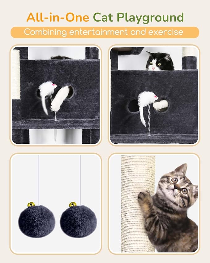 Globlazer Large Cat Tree Tower Condo, 80in Tall Cat Tree for Multiple Indoor Cats Large Adult, XXL Big Cat Climbing Tower with Cat Caves, Sisal Scratching Posts, Top Perches, Hammock, S80B, Dark Gray