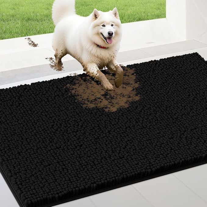 IM HOME 48" x 38" Black Dog Door Mats for Muddy Paws, Chenille Absorbent Dog Mat, Non Slip Heavy Mud Mat for Dogs, Soft Pet Bed Mat for Entryway, Mud Paws, Inside Floor