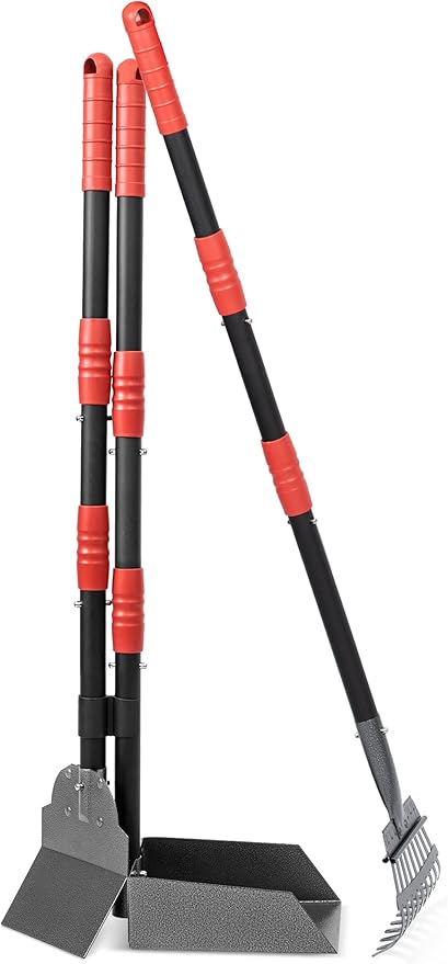 Heeyoo Dog Pooper Scooper, Dog Poop Tray and Rake Set, Pet Waste Removal Scoop with Long Adjustable Sectional Stainless Handles