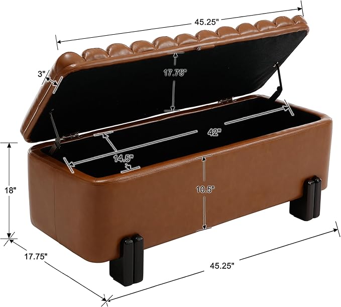 Wavy Ottoman Storage Bench Multi-Functional Narrow Entryway Bench Elegant End of Bed Bench with Storage and Safty Hinge for Living Room Entryway Hallway Bedroom Boutique, Brown