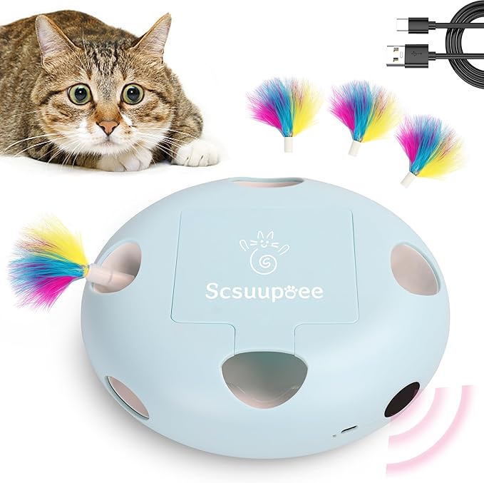IInteractive Cat Toy, Electric Cat Toys for Moving Concealed Feathers, Smart Sensor 7 Holes Whack a Mole Feather Toy, USB Charge Automatic Kitten Toys,Blue