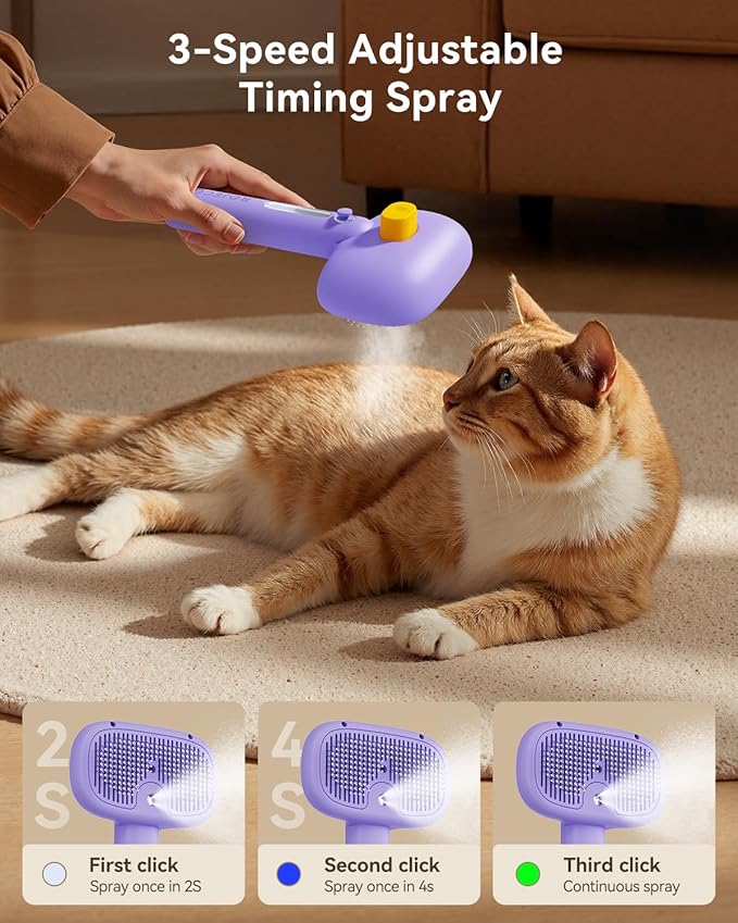 ROJECO 3-in-1 Pet Steam Brush for Cats&Dogs - Detangling Comb with Adjustable Mist, Handheld Deshedding Grooming Tool for Long/Short Hair, Massage Brush & Shedding Control Gift,Cordless,Purple