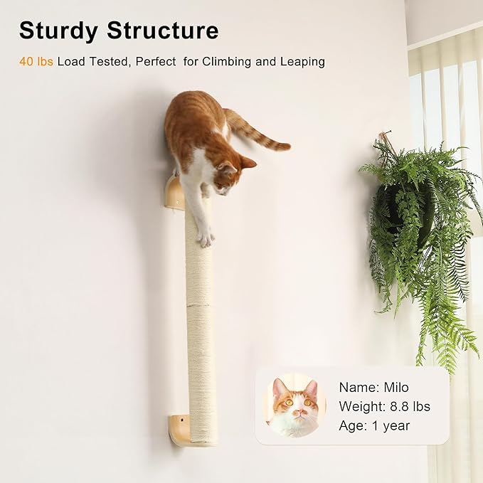 FUKUMARU Cat Wall Scratcher, 28" Wall Mounted Kitten Scratching Post, Sturdy Sisal Climbing Tree for Indoor Cats