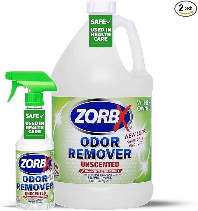 ZORBX Unscented Odor Eliminator for Strong Odor 16 Oz + 128 Oz - Used in Hospitals & Healthcare Facilities - Advanced Trusted Formula, Fast-Acting Odor Remover Spray for Dog, Cat, House & Carpet