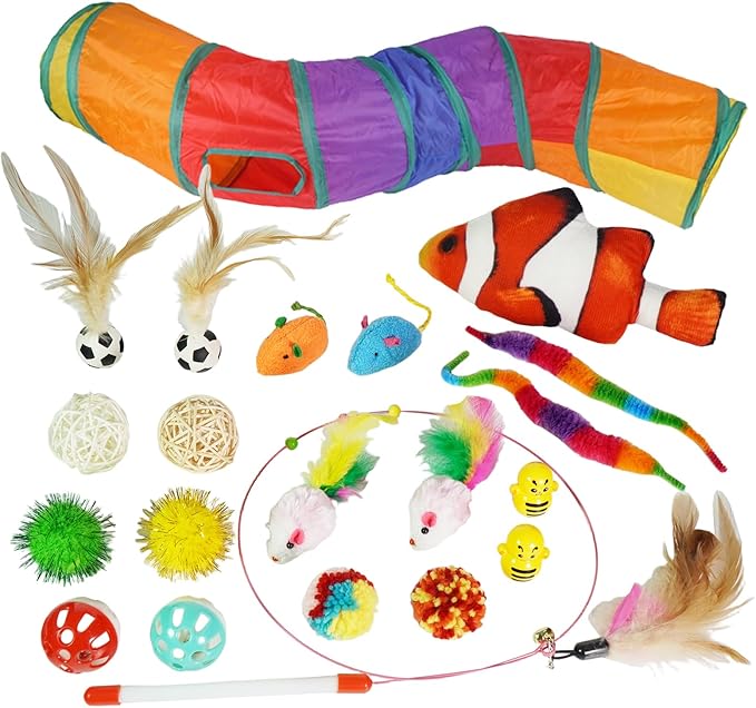21-Piece Cat Toys Set, Interactive Tunnel, Balls, Mice, Feather Wands, Catnip Toys(Rainbow Cat Tunnel)