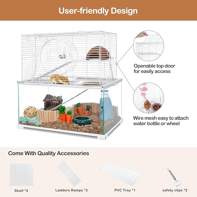 OIIBO 3 Tiers Large Hamster Cages Glass, Heightened Wire Topper with Two Shelf and Two Ladders Ramps, Openable Top, Easy to Clean Removeable Waterproof PVC Tray Medium