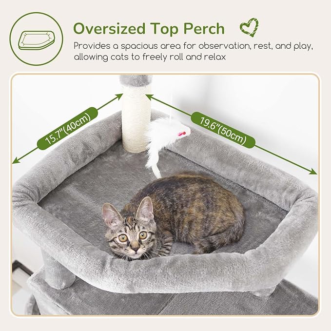 Globlazer Large Cat Tree Tower, Tall Cat Tree Condos for Indoor Cats Large Adult Cat Climbing Tower with 2 Spacious Caves, Oversized Top Perch, Big Hanging Basket, Cat Teaser Wand, F74B, Light Grey