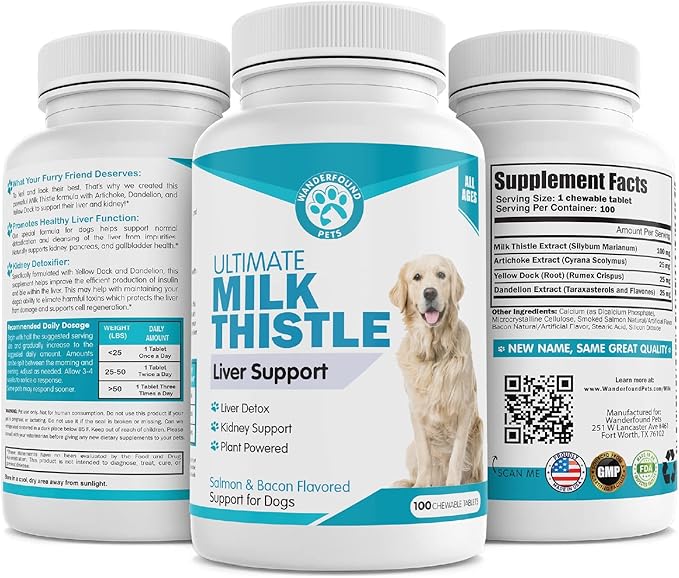 Wanderfound Pets Milk Thistle for Dogs – Tasty Salmon & Bacon Flavored Natural Liver Support for Pets – Kidney Cleanse Detox & Repair Formula Manufactured in The USA – 100 Chewable Tablets