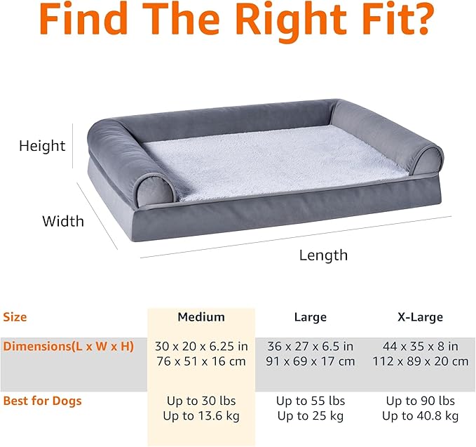 Amazon Basics Living Room Couch Dog Bed with Premium Foam, Pressure-Relief Support for Dogs up to 30lbs, Machine Washable Cover, Medium Sized (30" x 20"), Grey