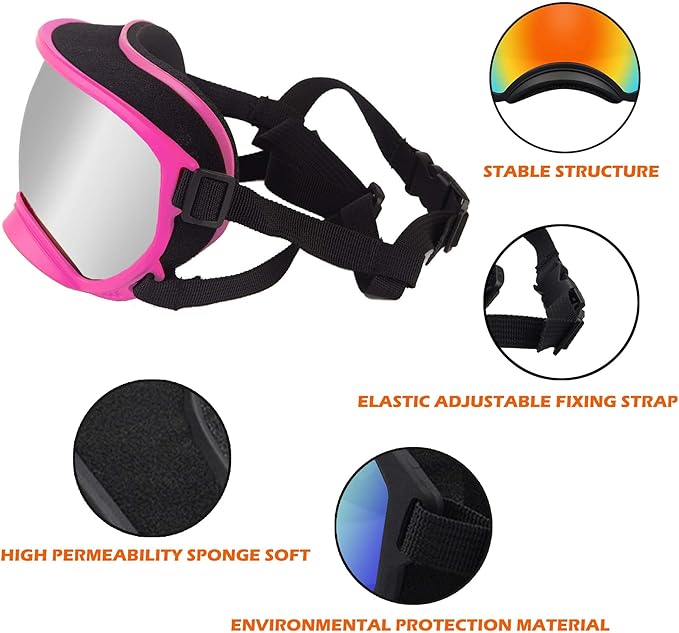 Large Dog Sunglasses with Adjustable Strap UV Protection, Winproof Puppy Sunglasses, Suitable for Medium-Large Pet Glasses, Dogs Eyes Soft Goggles, PinkSilver, (YD-23032706)