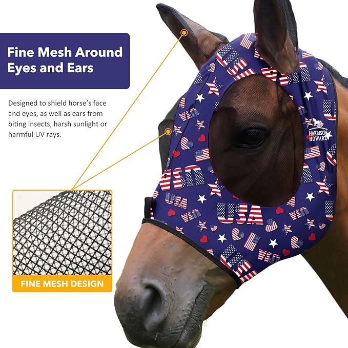 Harrison Howard Super Comfort Stretchy Fly Mask Large Eye Space with UV Protection Soft on Skin with Breathability Classic Letters M Cob