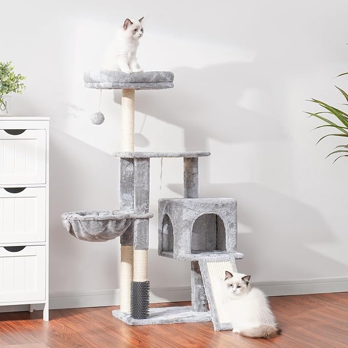 Heybly Cat Tree with Cat Self Groomer Brush, Cat Tower Condo for Indoor Cats with Padded Plush Perch, Cat House with Basket Scratching Board Post, Light Gray HCT005SW