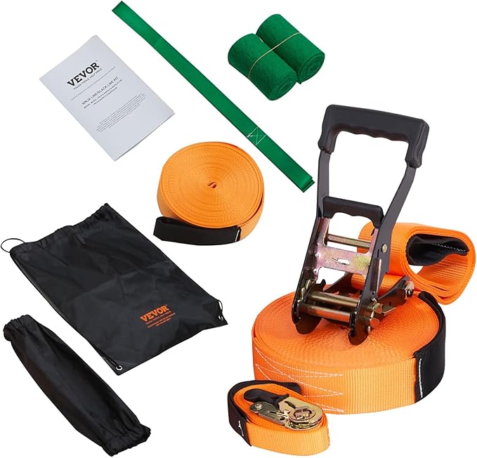 VEVOR Slackline Kit with Training Line, 60 ft Backyard Slack Line Equipment, Easy Setup Tight Rope for Kids Adults, Complete Slackline Set with Tree Protectors, Arm Trainer, Carry Bag, and Instruction
