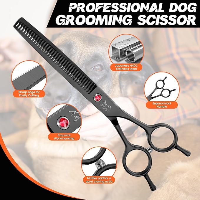 JASON 7.5" Dog Grooming Scissor - Professional Thinning Shear with 37 Teeth Japanese Stainless Steel Blender Scissors for Dogs, Cats and Other Pets (Thinning, Black)