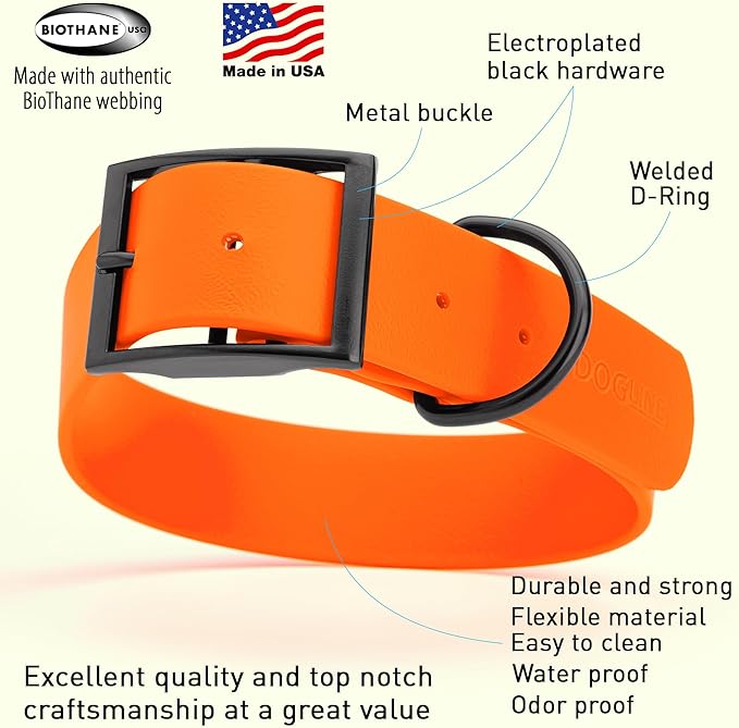 Dogline Biothane Waterproof Dog Collar Strong Coated Nylon Webbing with Black Hardware Odor- Proof for Easy Care Easy to Clean High Performance Fits Small Medium or Large Dogs, Hunter Orange
