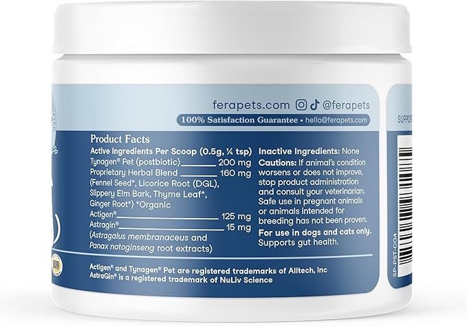 Fera Pets Postbiotics Plus Prebiotics for Dogs & Cats - with Slippery Elm - Promotes Optimal Digestive Health & Inflammatory Response - Enhances Immunity - 120 Scoops