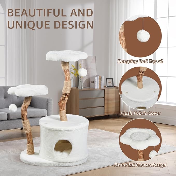 NATURAL EXPRESSIONS Modern Cat Tree and Tower for Indoor, Luxury Solid Wood Condo for Large Cats, Flower Cat Tree with Scratching Post, Cat Climbing Furniture with Cat Hiding Enclosure