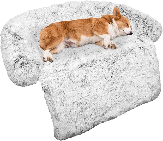 Calming Dog Bed Fluffy Plush Dog Mat for Furniture Protector with Removable Washable Cover for Large Medium Small Dogs and Cats (Medium, Light Grey)