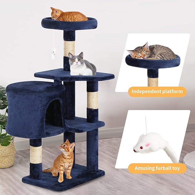 BestPet Cat Tree 36 inch Tall Scratching Toy Activity Centre Cat Tower Cat Condo Multi-Level Furniture Scratching Posts for Indoor Cats,Navy Blue