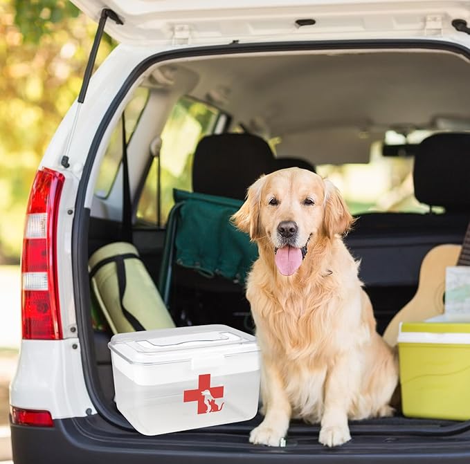 2 Layers Dog First Aid Kit box,Large First Aid Kit Bin,Medic Box for Dog Cat,Empty First Aid Box,Medicine Organizer with Built in Handle,Family or Dog Travel Camping Emergency Tool Set