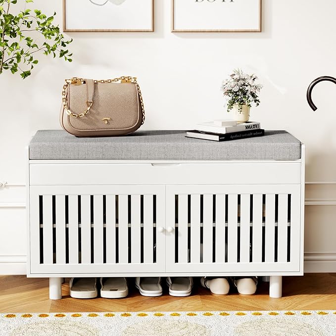 Storage Bench, Bamboo Shoe Bench with Padded Seat Cushion & 2 Doors, 2-Tier Entryway Bench with Lift Top Hidden Storage, 35.4" W x 12.6" D x 19.7" H, Shoe Rack Cabinet for Entryway, Living Room, White