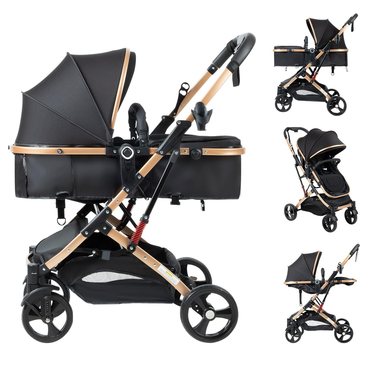 2 in 1 Baby Stroller Newborn Foldable Pushchair Folding High Landscape Infant Carriage,Toddler Pushchair Black Baby Stroller