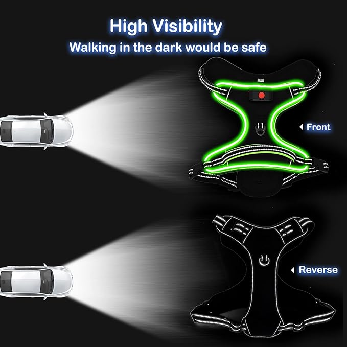 Rechargeable LED Dog Harness - No Pull, 4 Point Adjustable, Small/Medium/Large/X-Large Sizes