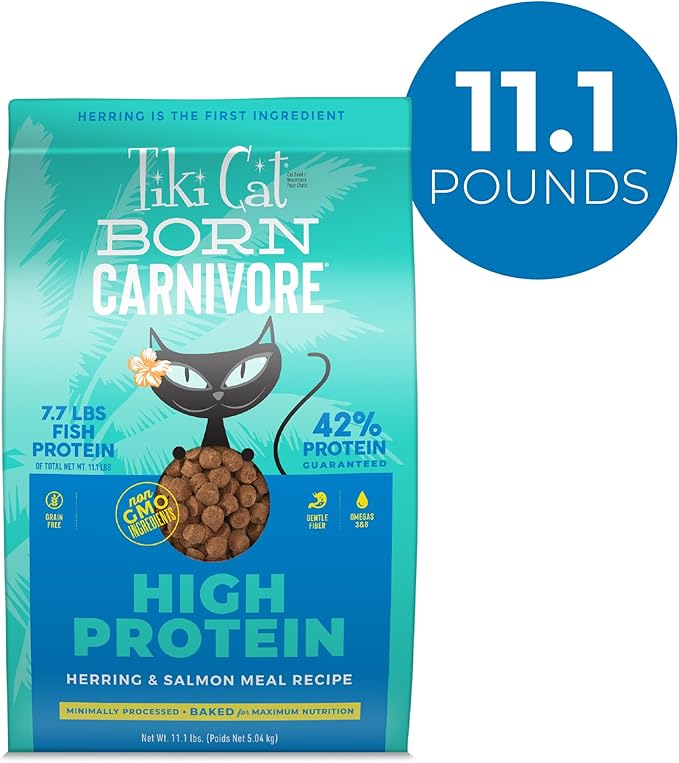 Tiki Cat Born Carnivore High Protein Dry Cat Food, Herring & Salmon Meal, 11.1 lbs. Bag