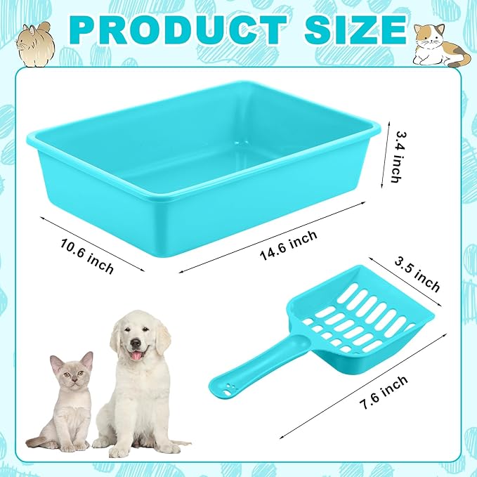 Amyhill 5 Pcs Open Cat Litter Box Kitten Litter Pan with 5 Scooper Medium Plastic Pet Tray Durable Nonstick Kitten Box for Indoor Pets Cats Rabbit Supply Easy to Clean, 14.6x10.6x3.4 Inch (Blue)
