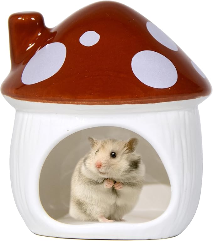Ceramic Mushroom Hamster Hideout - Hamster Habitat for Hamsters Chinchillas Hedgehogs and Gerbils Mouse Small Pet Guinea Pigs House Hamster Bed (Brown)