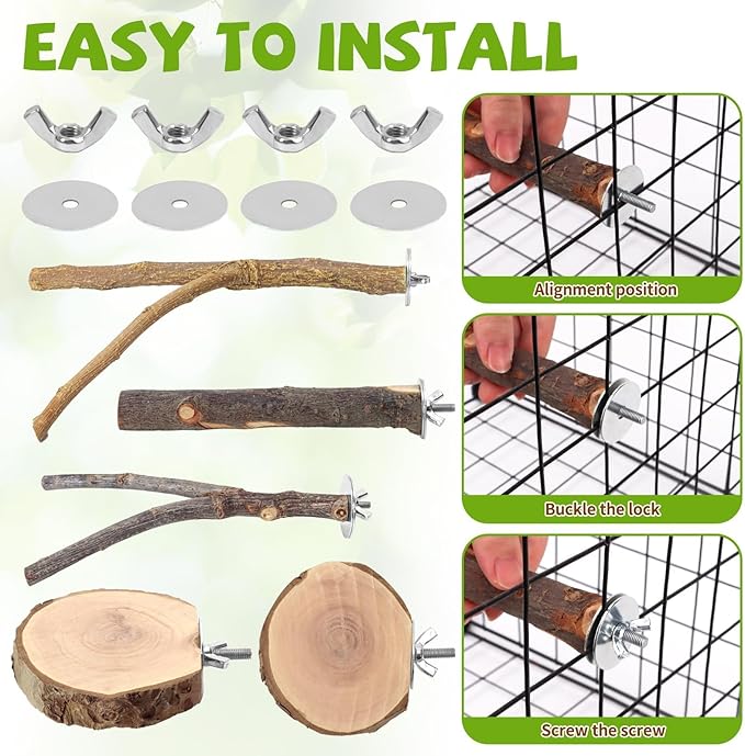 Natural Wood Bird Perches for Cage, Parrot Perch Stand & Platform, Bird Cage Accessories for Parakeets, Cockatiels, Conures, Lovebirds (Brown, Deluxe Playground Set - 12PCS)