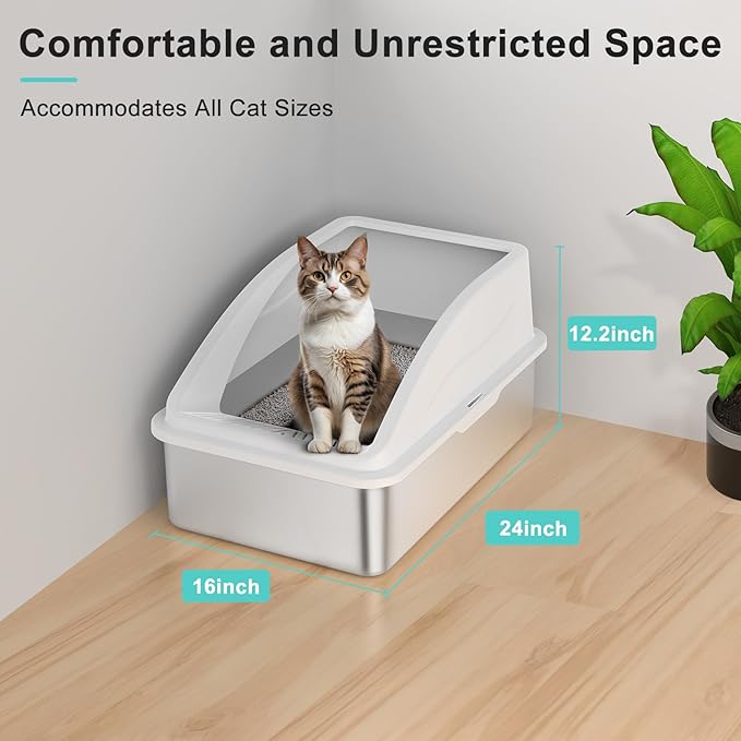2 Pack Stainless Steel Litter Box | XL Enclosed Cat Litter Boxes with Lid for Big Cats and Multi-Cats | High Sided, Anti-Urine Leakage | Non-Stick Bottom（Silver Gray）