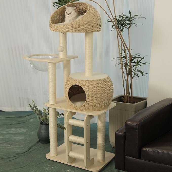 Rattan Cat Tree for Indoor Cats,Tall Cat Tree Tower with Cat Scratching Post,Wood Cat Tower for Indoor Cats,57.5 Inch Tall