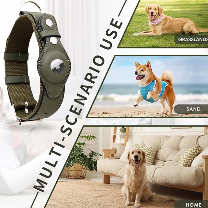 AirTag Dog Collar Soft Leather Webbing Dog Collar for AirTag Provides Double Protection for Small Medium and Large Dogs(Pink,L)