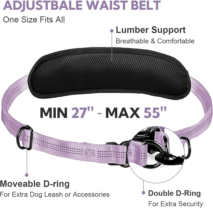 Hands Free Dog Leash, Adjustable Waist Belt with Double Padded Handles,Retractable Bungee, Waist Leash for Dog Walking,Running, No Pull,Purple