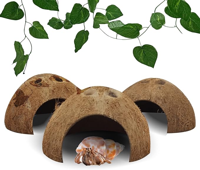 Hamiledyi Reptile Hideouts Natural Coconut Shells Hut Hermit Crab Climbing Toys Gecko Hide Cave Lizard Habitat Decor Plant Leaves Decoration for Spider Snake Chameleon (4Pcs)